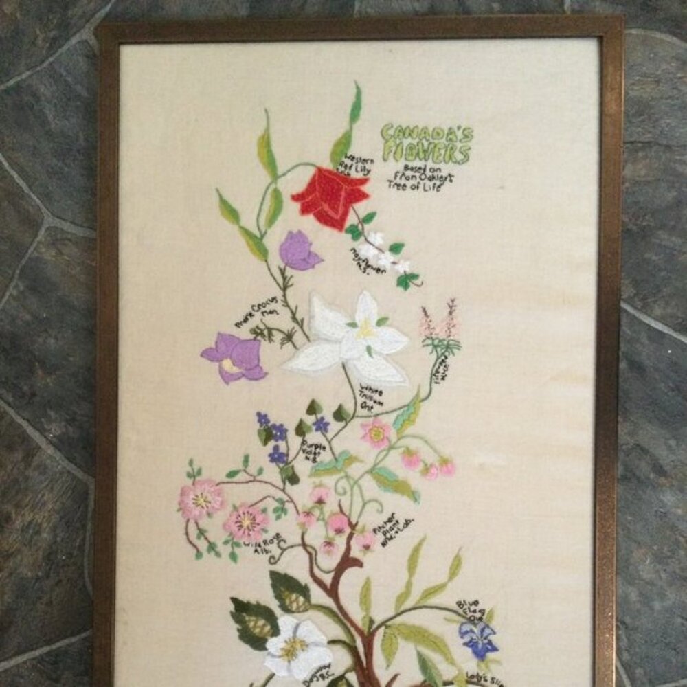 Handmade crewel embroidery Canada's flowers Oakley's tree of life framed Karin